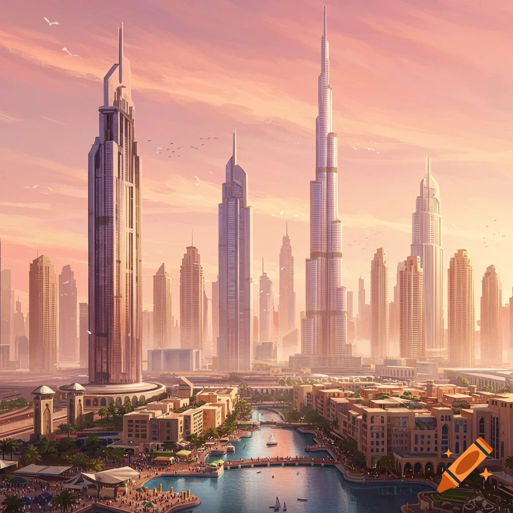 View of the Dubai cityscape with skyscrapers and canal