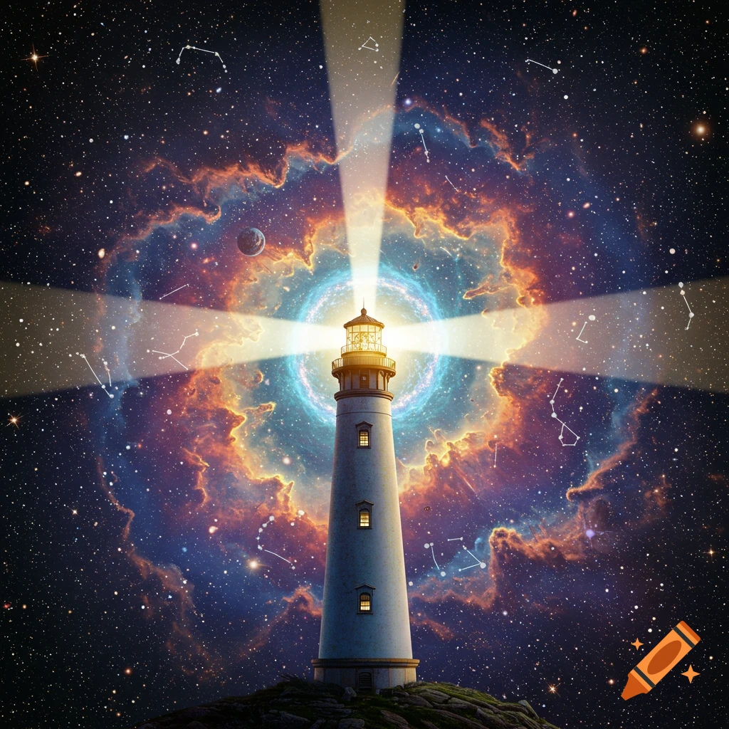 A lighthouse emitting light into a vibrant space sky with a nebula and constellations.