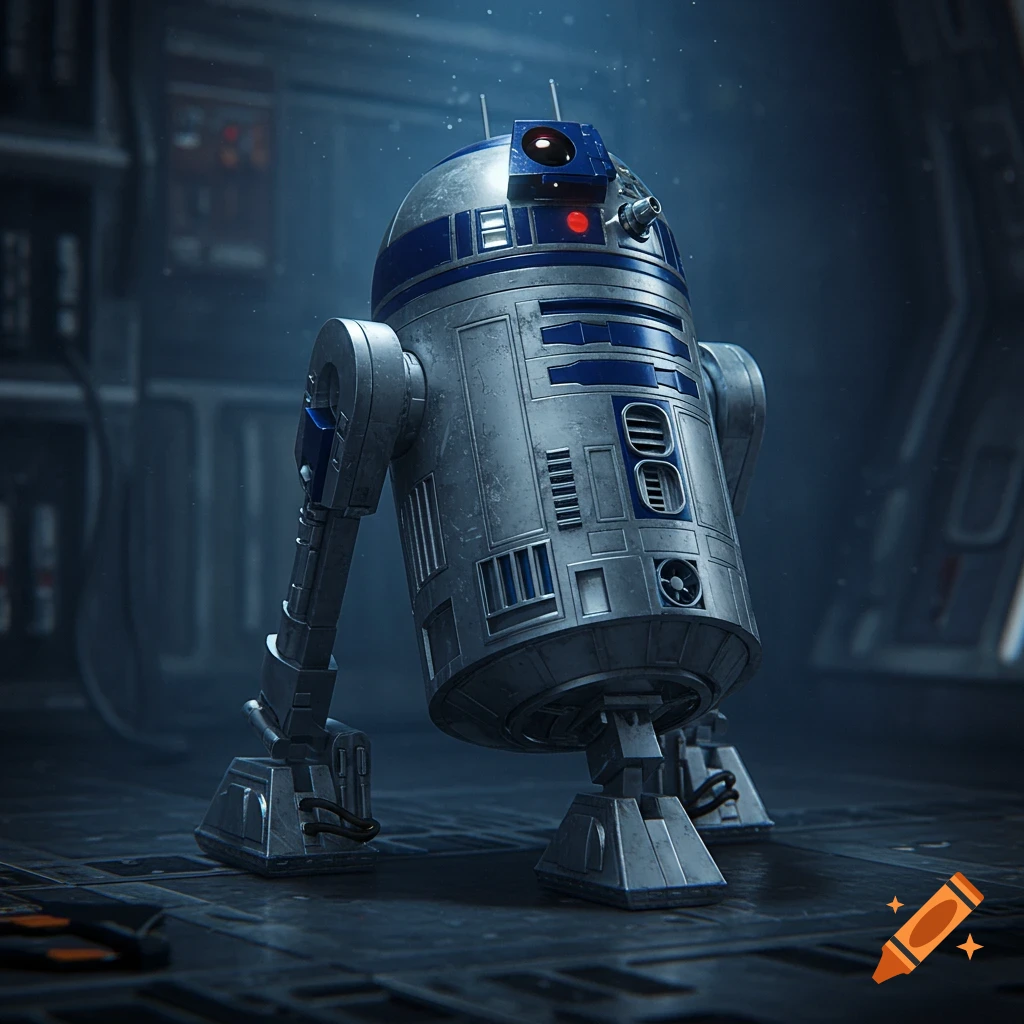 A weathered silver and blue R2-D2 like astromech droid stands in a dark, metallic industrial room. Photorealistic style.