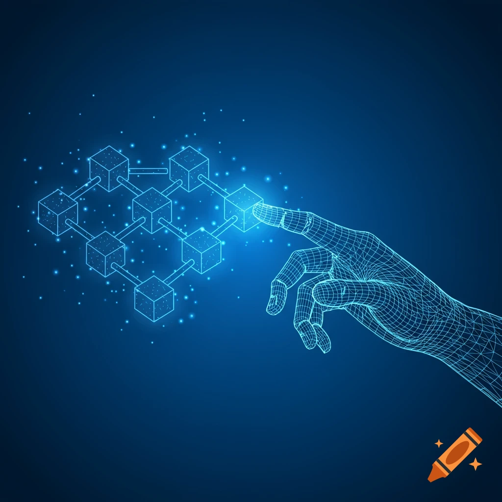 Wireframe hand touching a network of connected digital cubes on a blue background.