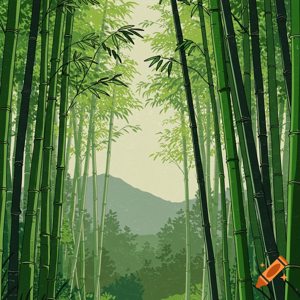 Illustration of a dense bamboo forest with a mountain in the distance.