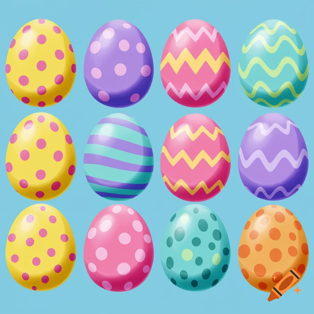Twelve brightly colored cartoon Easter eggs with various patterns on a blue background.