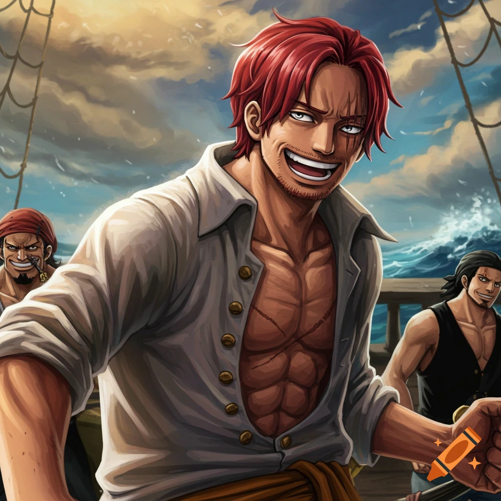 A smiling man with red hair and chest scars stands on a pirate ship deck in anime style.