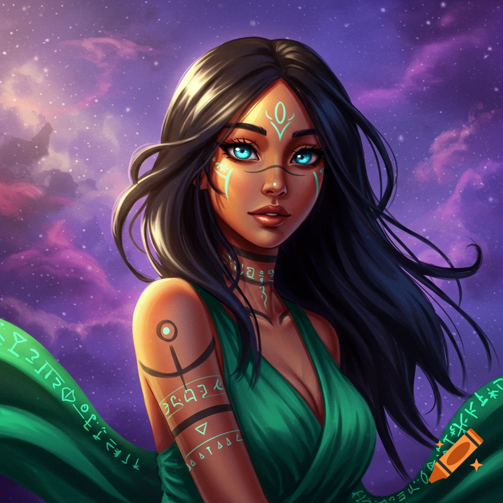 A woman with symbols on her face and arm stands against a starry sky.