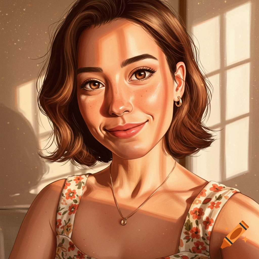Portrait of a woman smiling in a floral dress with sunlight