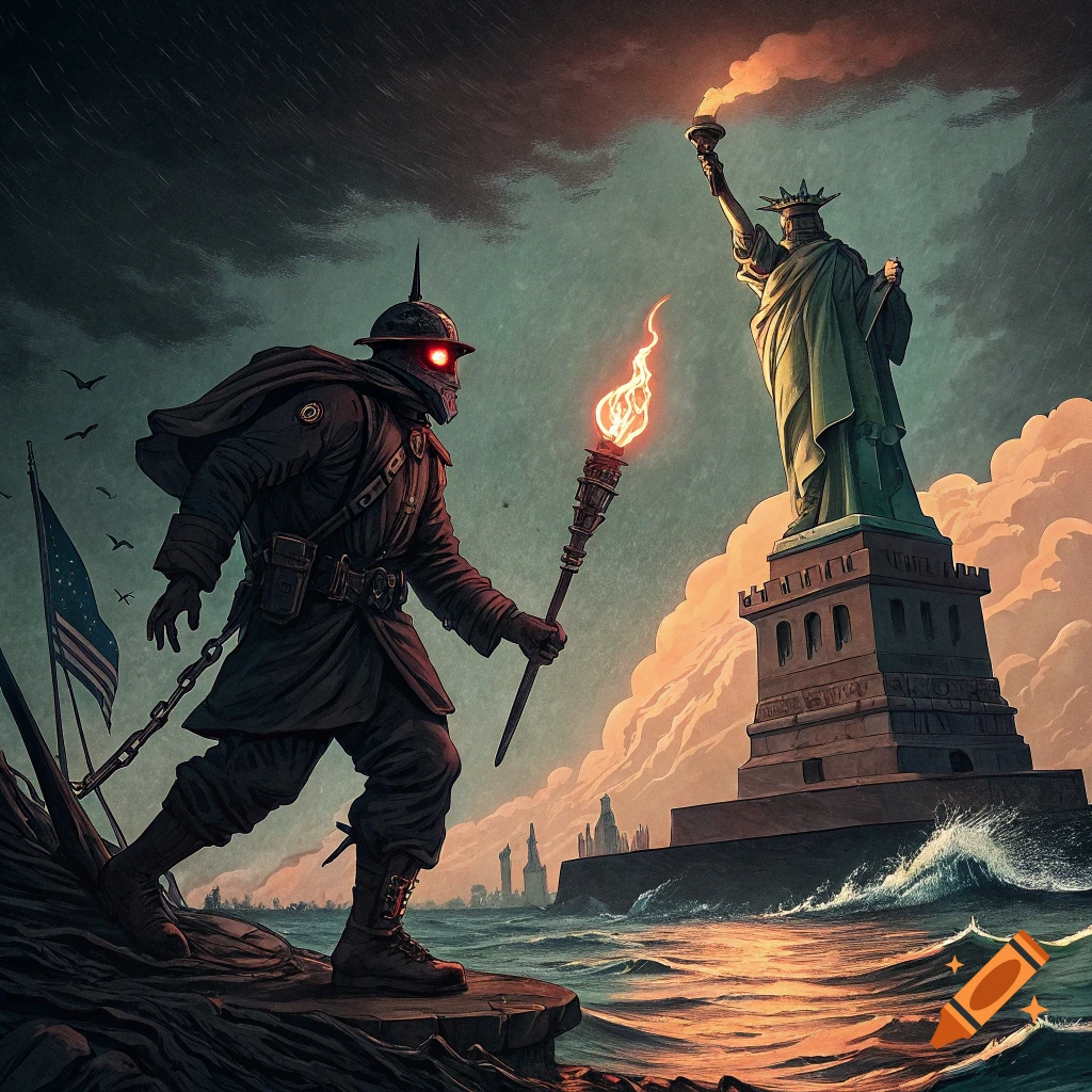 Propaganda poster: monstrous soldier faces Statue of Liberty on stormy sea, vintage art style.