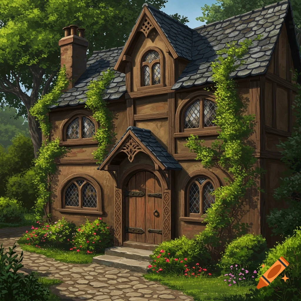 A fantasy-style townhouse covered in vines, with a stone path leading to the wooden door.