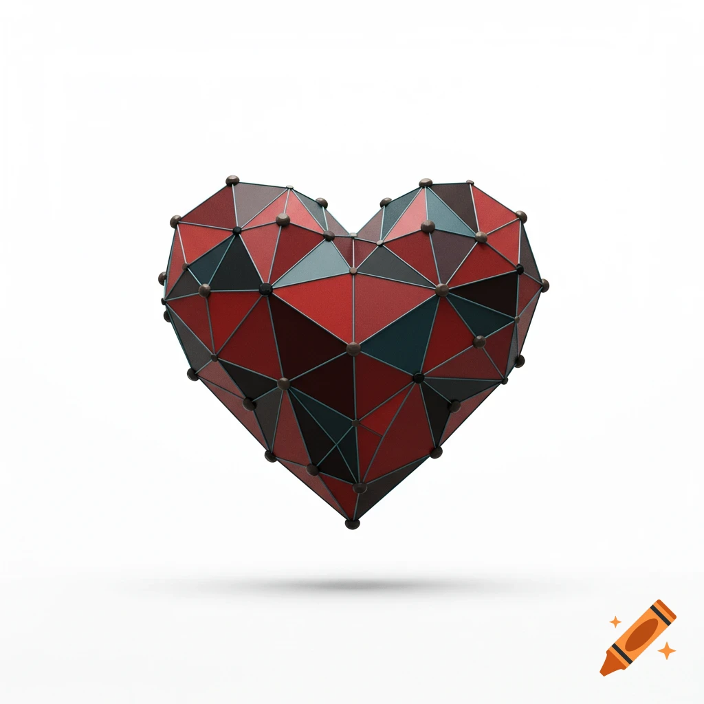 A 3D geometric heart made of red, grey, and teal triangles with nodes on a white background.