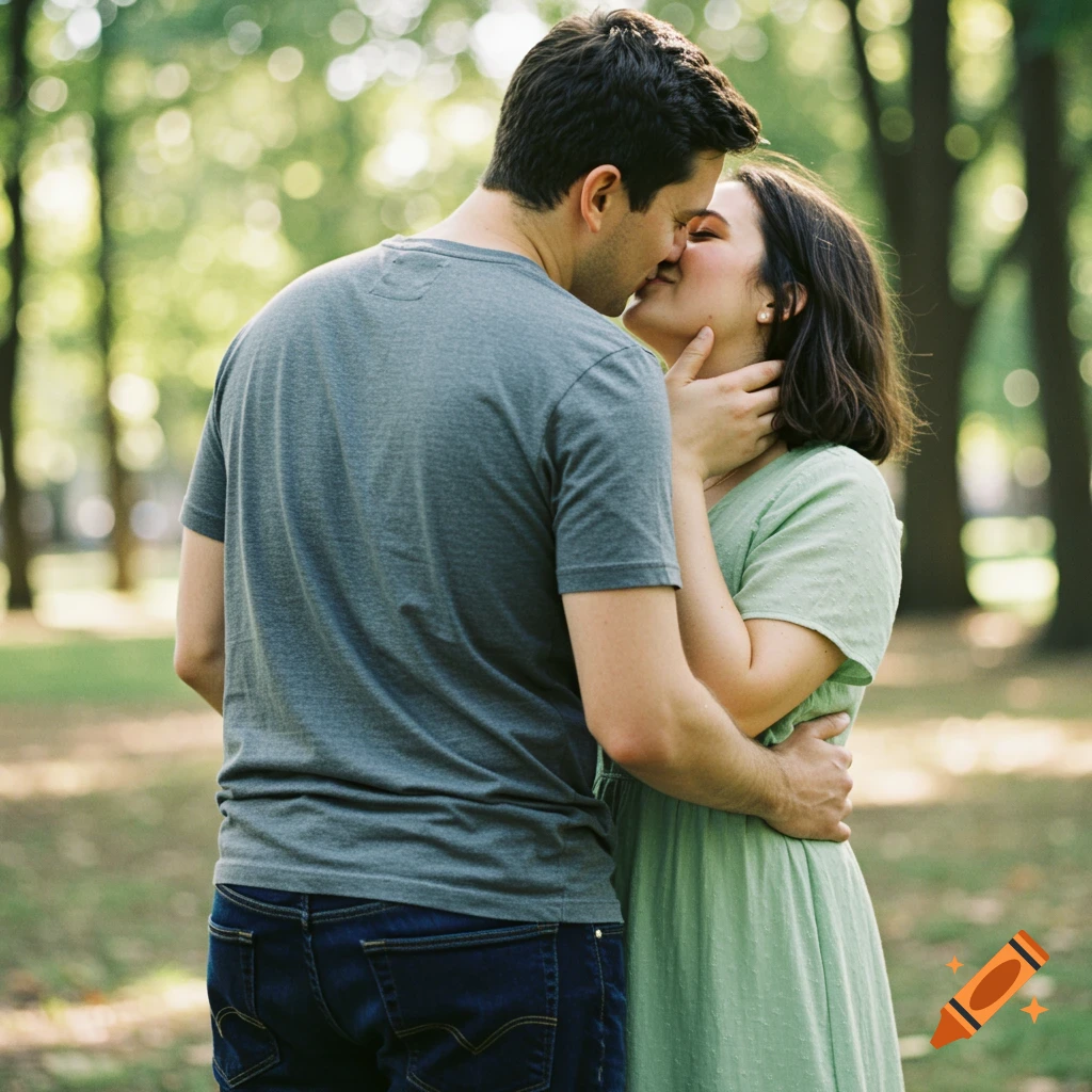 Couple kissing in a park, man's back to camera, woman in green dress, photorealistic style