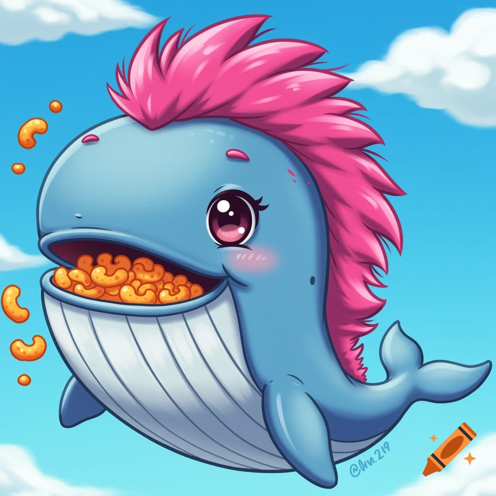 A cute cartoon whale with pink hair floats in a blue sky, happily eating orange cheese curls.