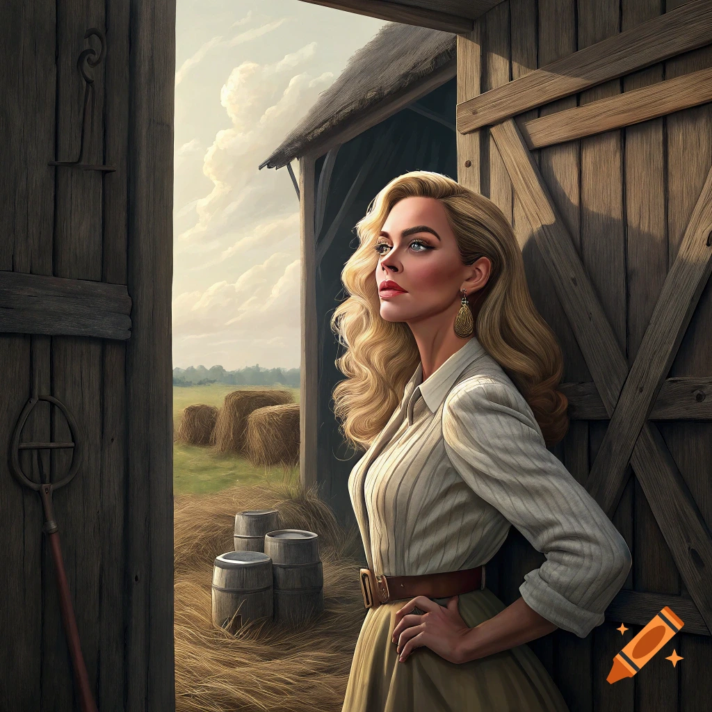 A woman stands looking out of a barn at a field with hay bales.