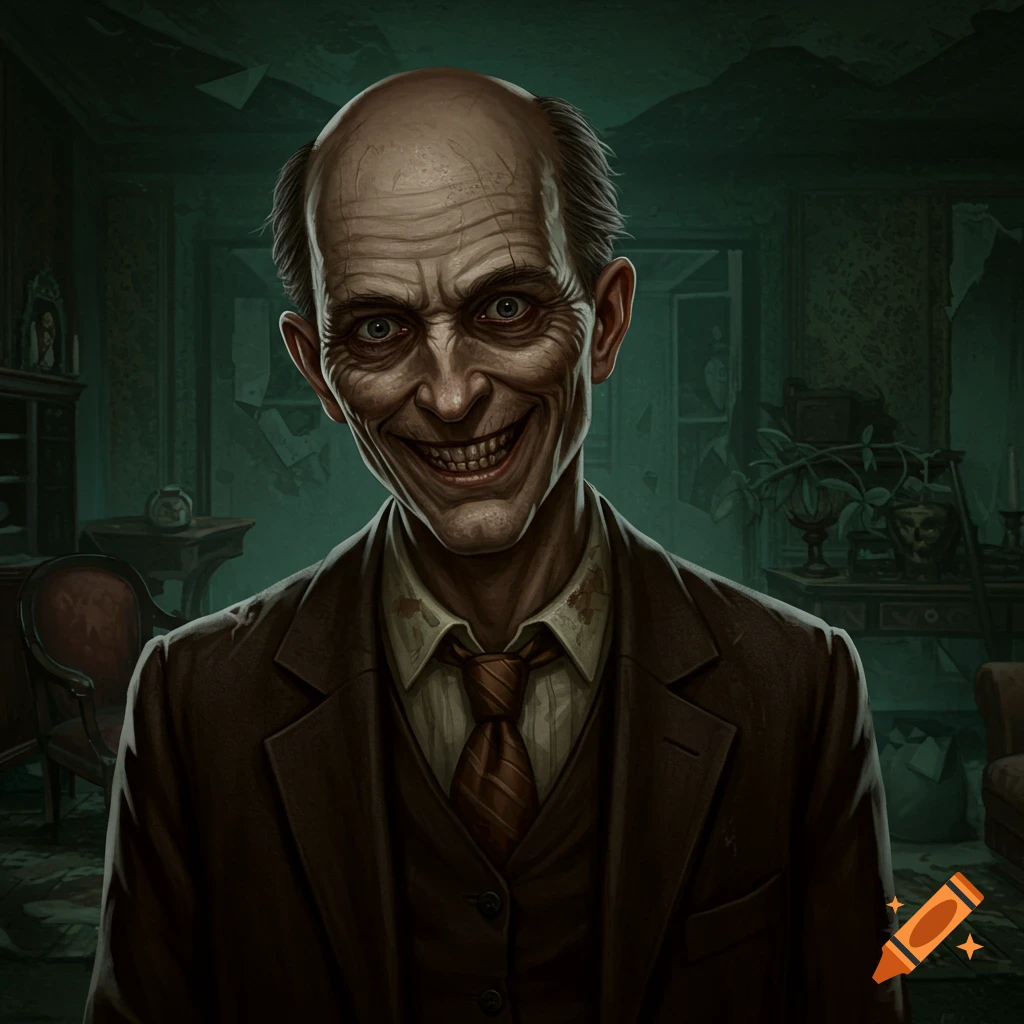 A creepy man with a wide smile and wrinkles stares forward in a dark, dilapidated room.
