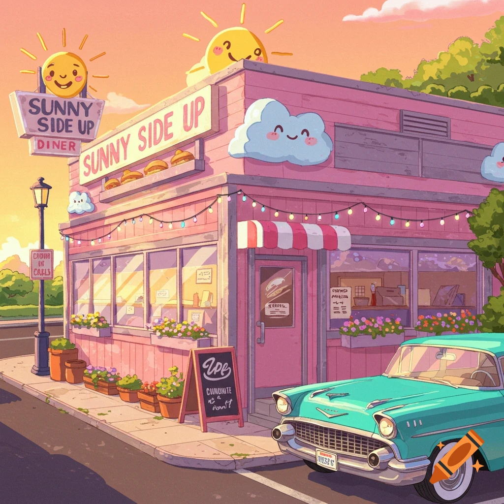 A pink diner called Sunny Side Up with cartoon suns, clouds, and a turquoise retro car outside.