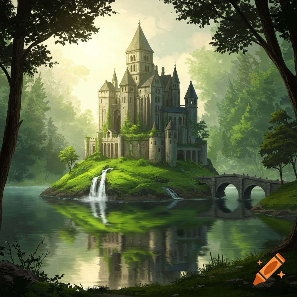 A fantasy castle on an island in a lake with waterfalls and a bridge, surrounded by trees.