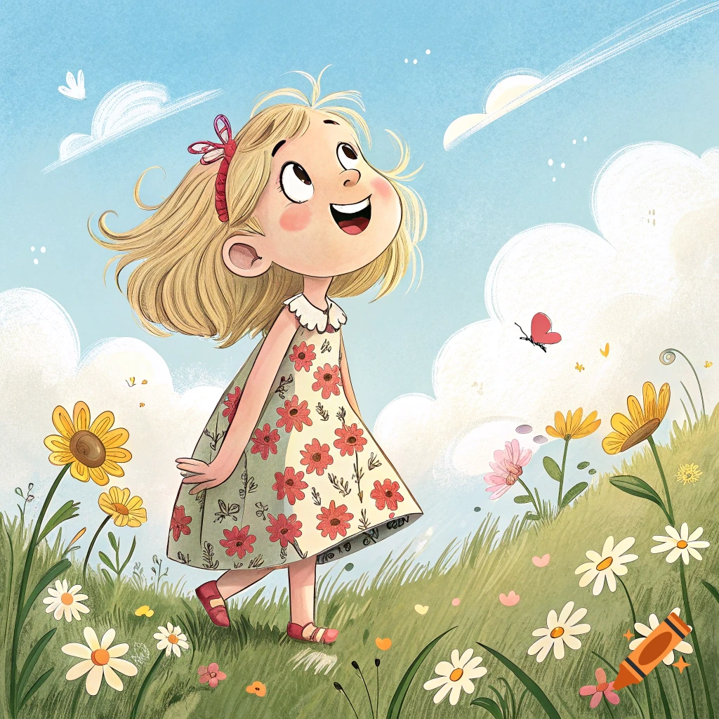 Illustration of a happy blonde girl in a floral dress in a field of flowers