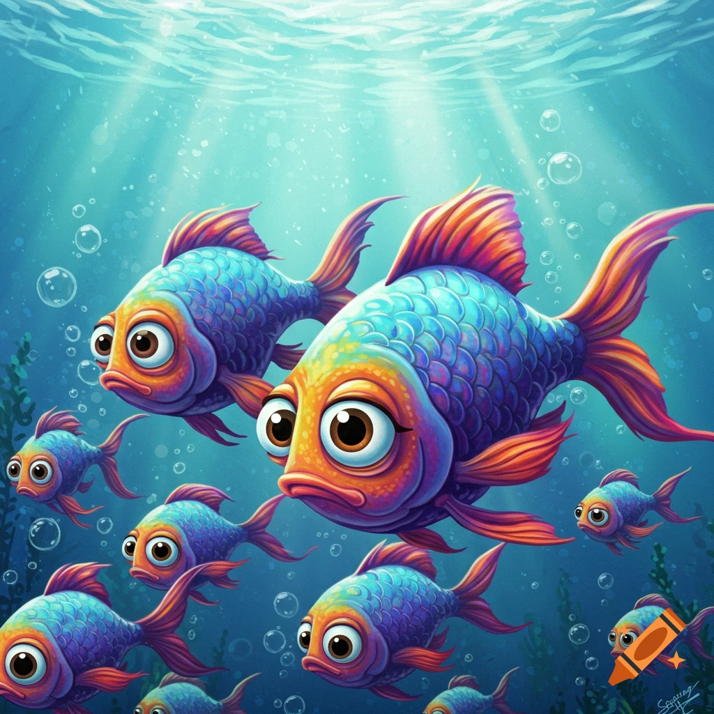 Brightly colored cartoon fish with big eyes swimming underwater.