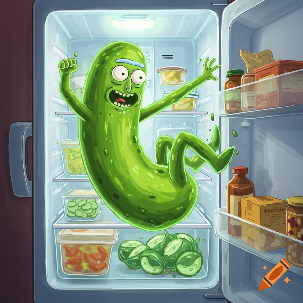 Pickle Rick posing inside a refrigerator.