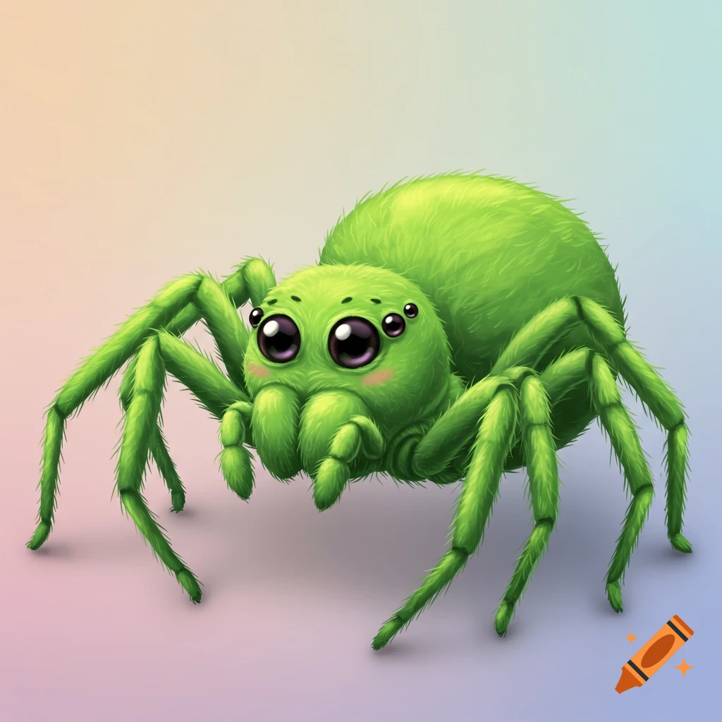A cute, green, fluffy spider with large purple eyes and pink blush.