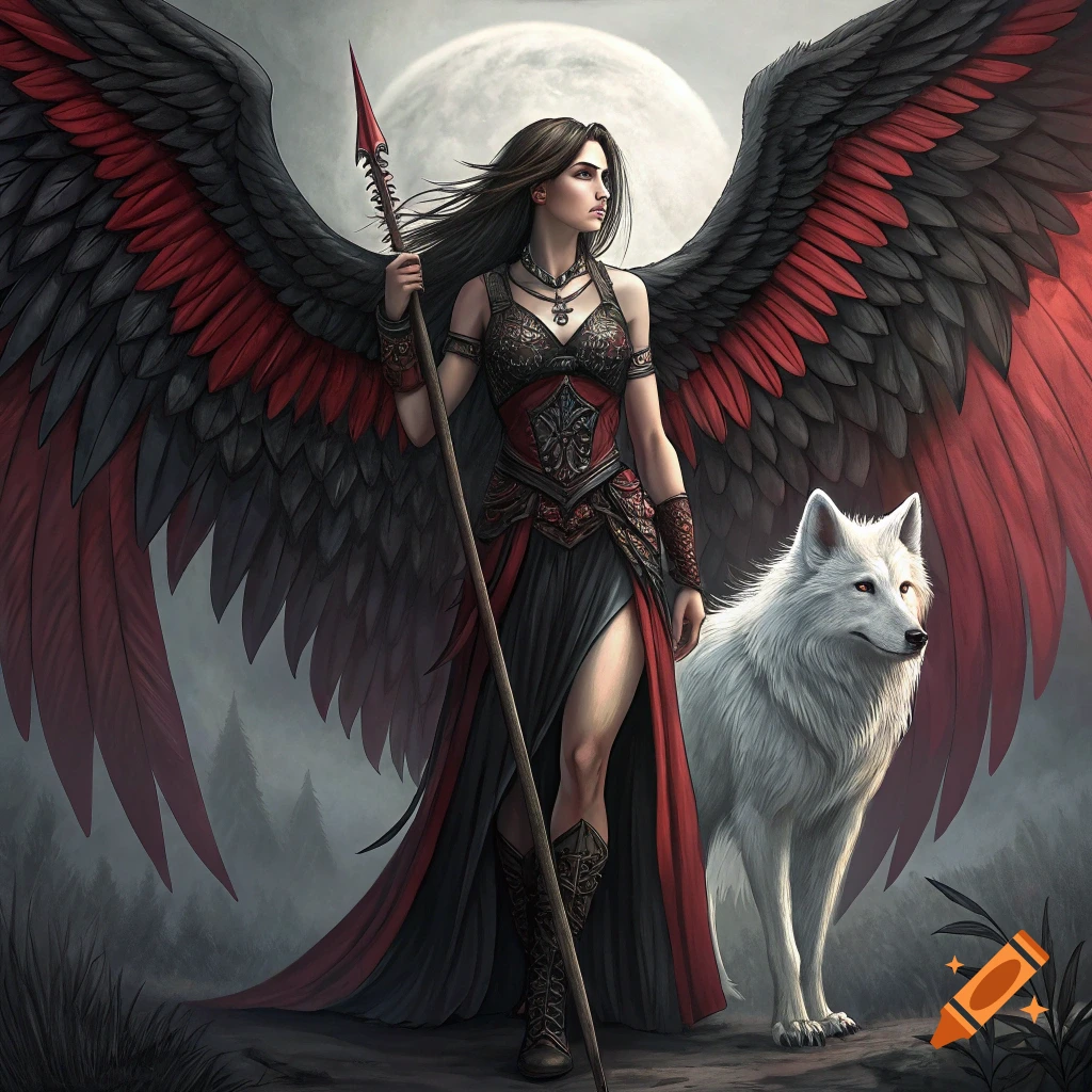 Fantasy illustration of a winged woman with a spear and a white wolf under a full moon.