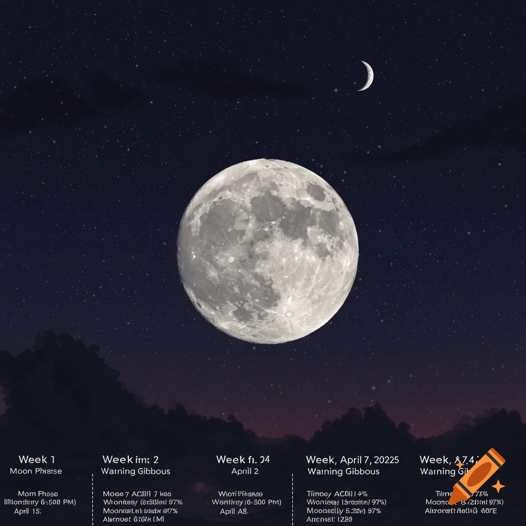 A large moon in a starry night sky over a mountain landscape, with illegible text below.