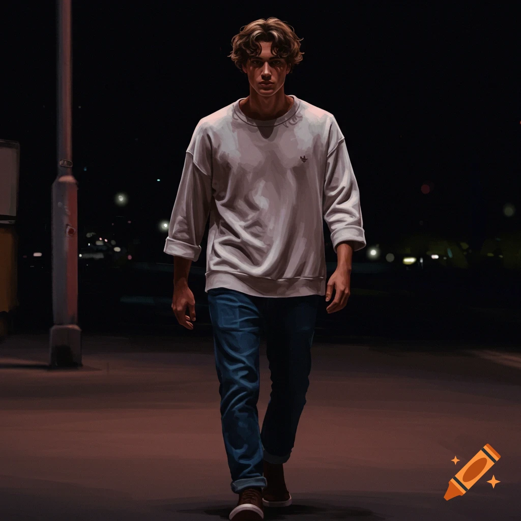 A man walks alone at night.