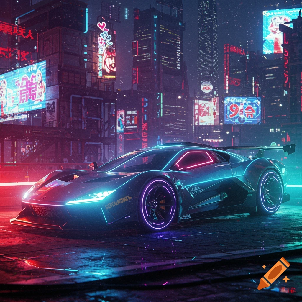 A sleek, futuristic concept car is parked on a wet street in a neon-lit cyberpunk city.