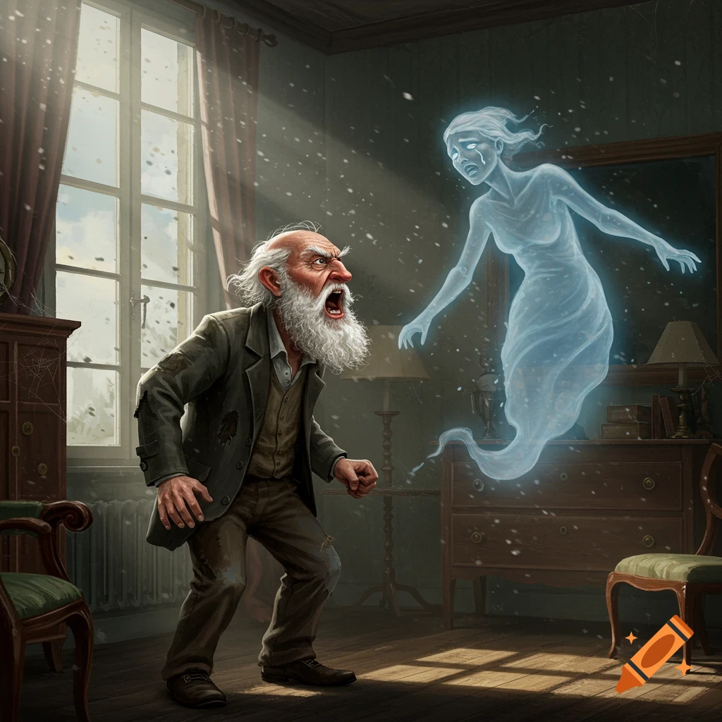 An old man yelling at a ghost in a shadowy room.