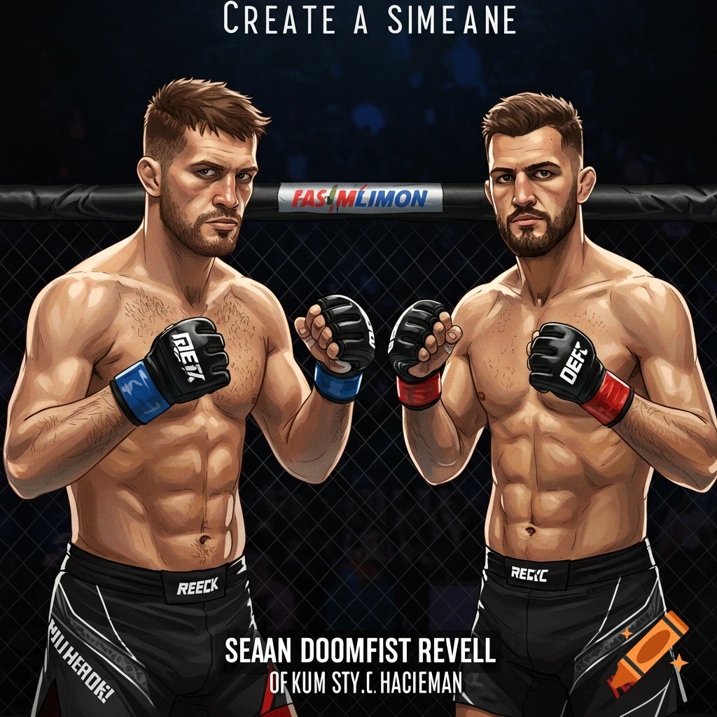 Two male fighters standing in an MMA ring, stylized.