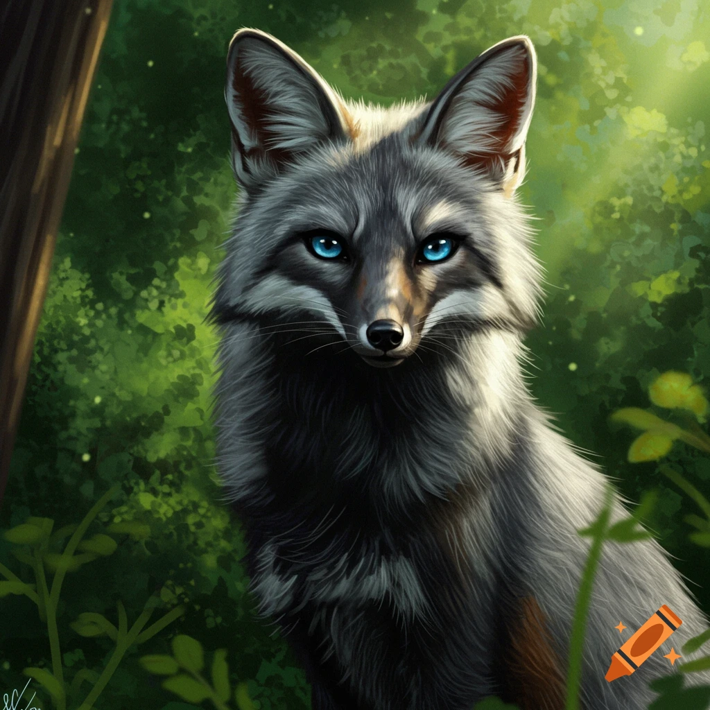 A grey and black fox with blue eyes is in a forest.