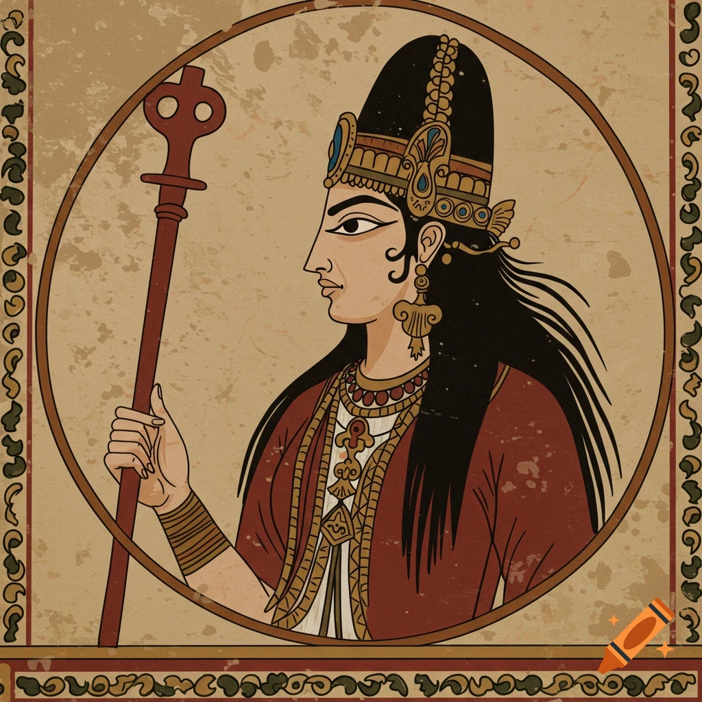 Illustration of an ancient figure holding a staff in a circular frame, stylized like a wall painting.