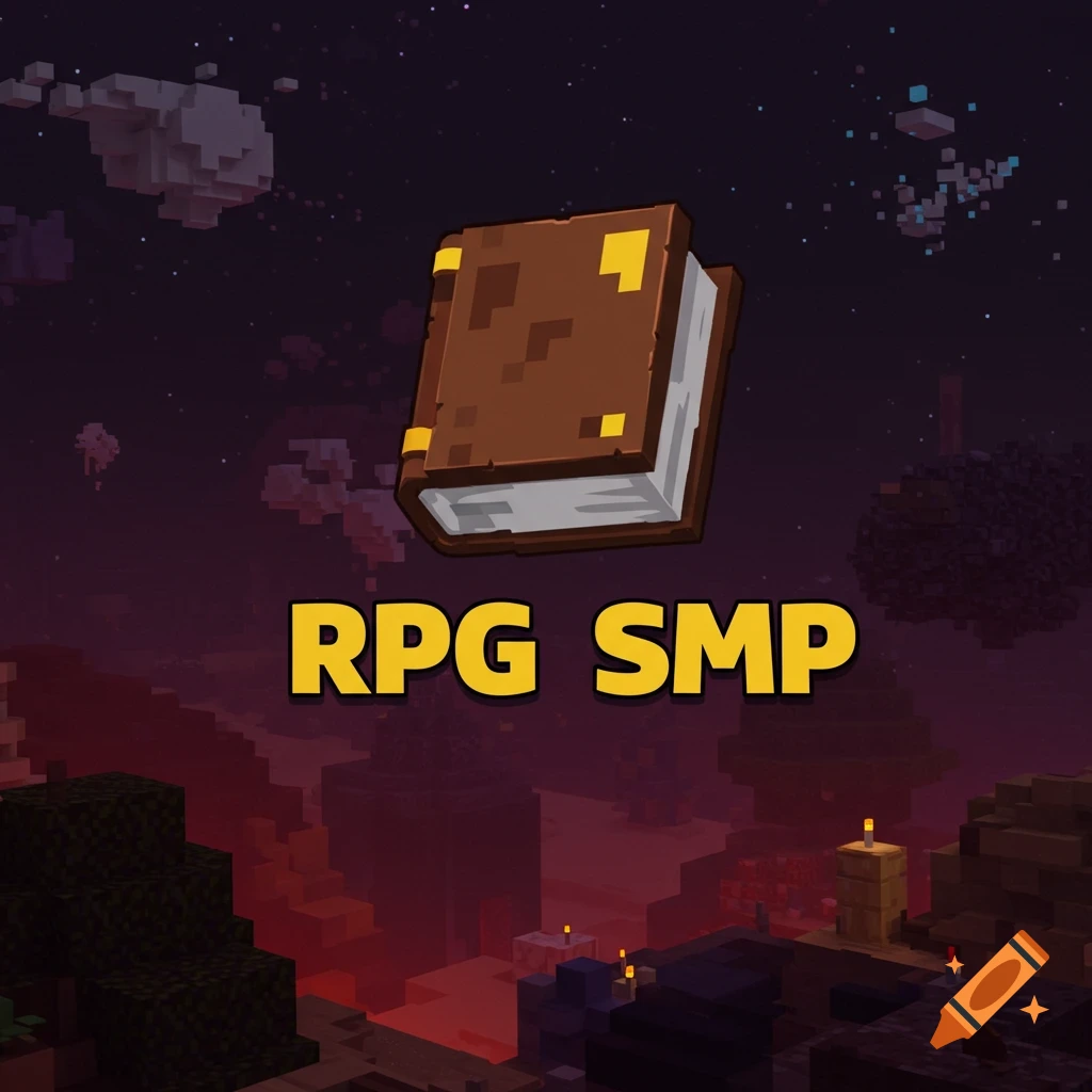 A Minecraft-style book floats above the text "RPG SMP" against a blocky landscape and starry sky.