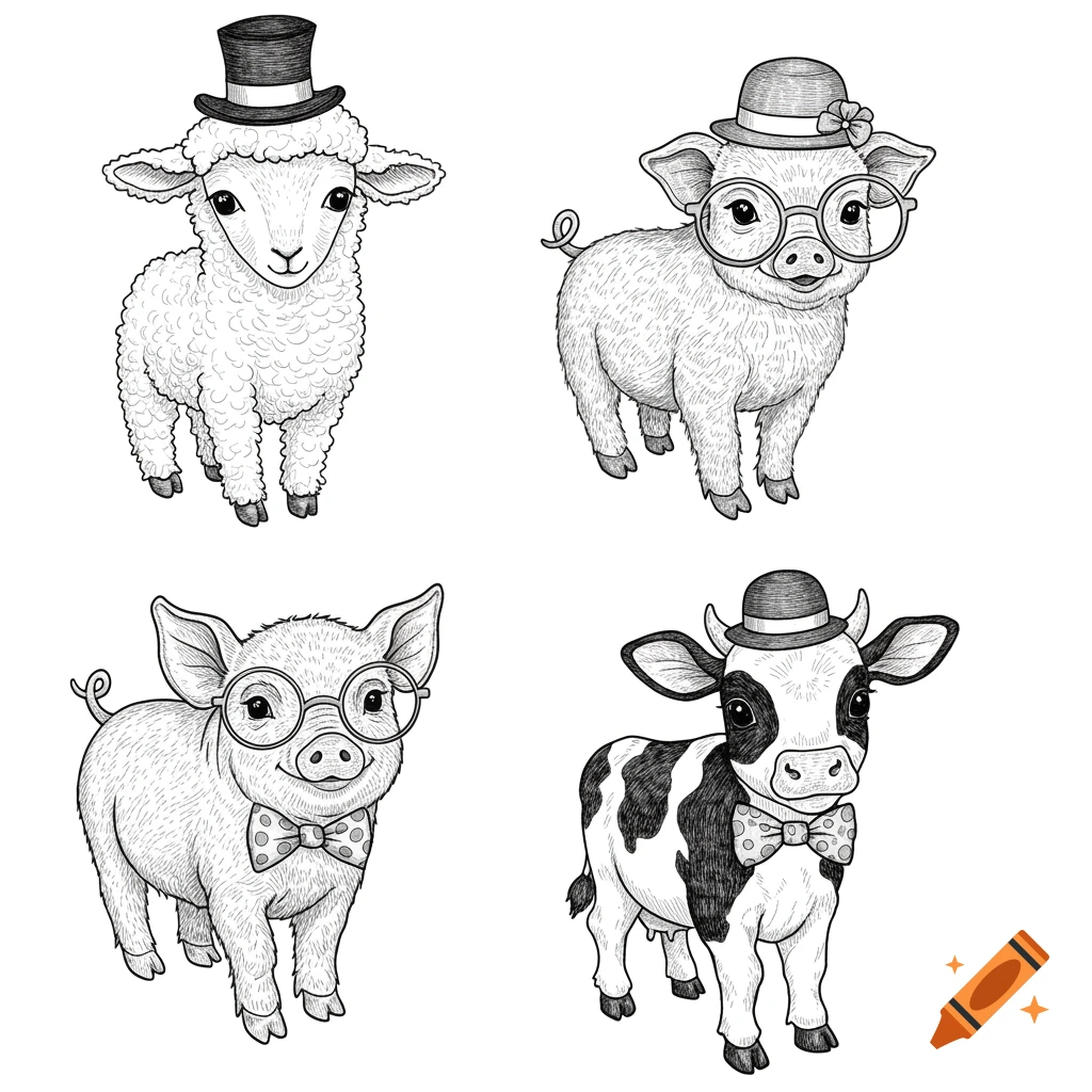 Black and white illustration of a lamb, two piglets, and a calf wearing hats, glasses, and bow ties.