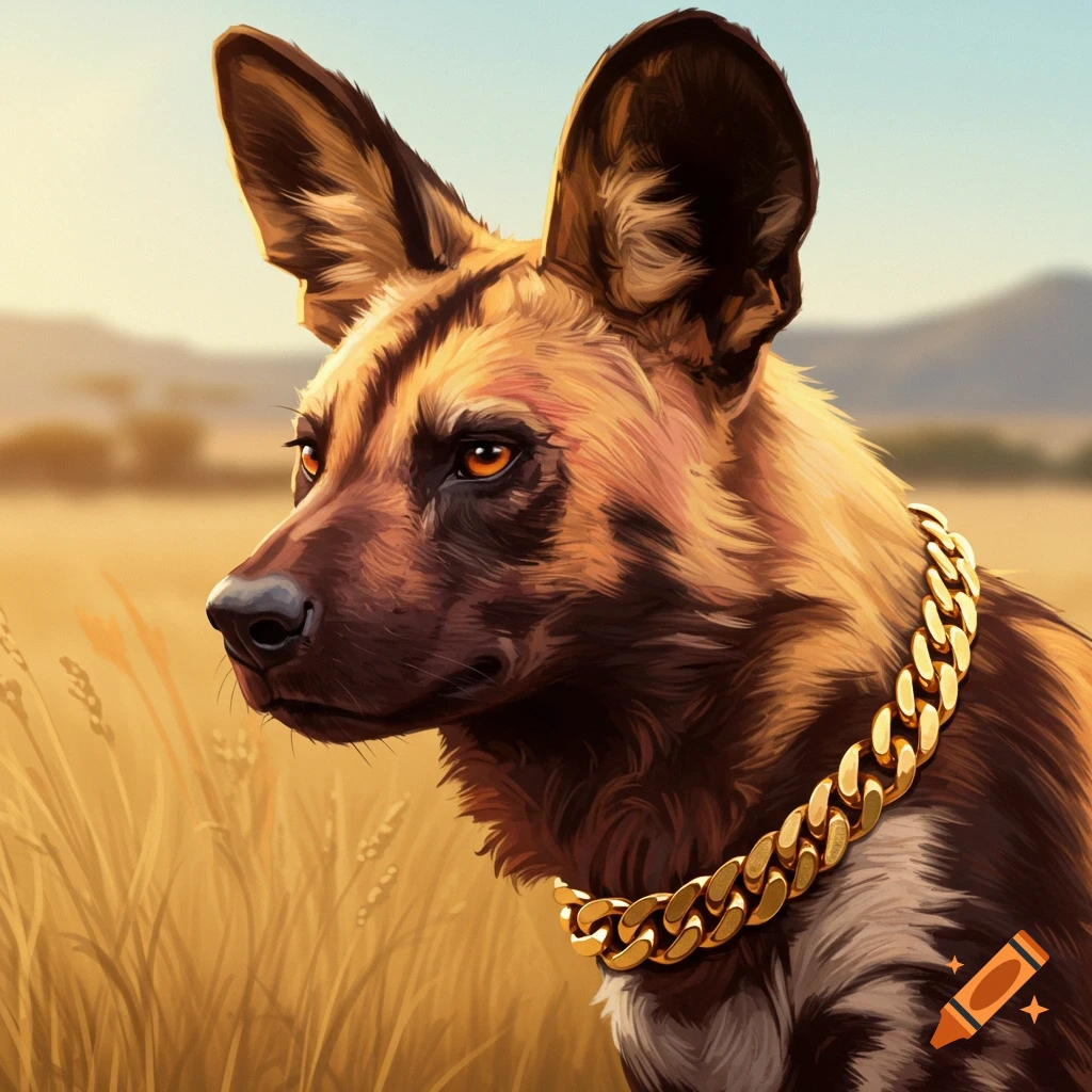 An African wild dog wears a gold chain collar in tall grass.