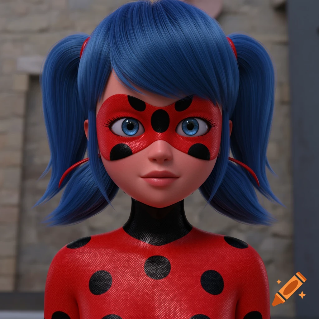 Close-up portrait of a teenage girl with blue pigtails, a red mask with black dots, and a red suit with black dots, in a 3D animated style.