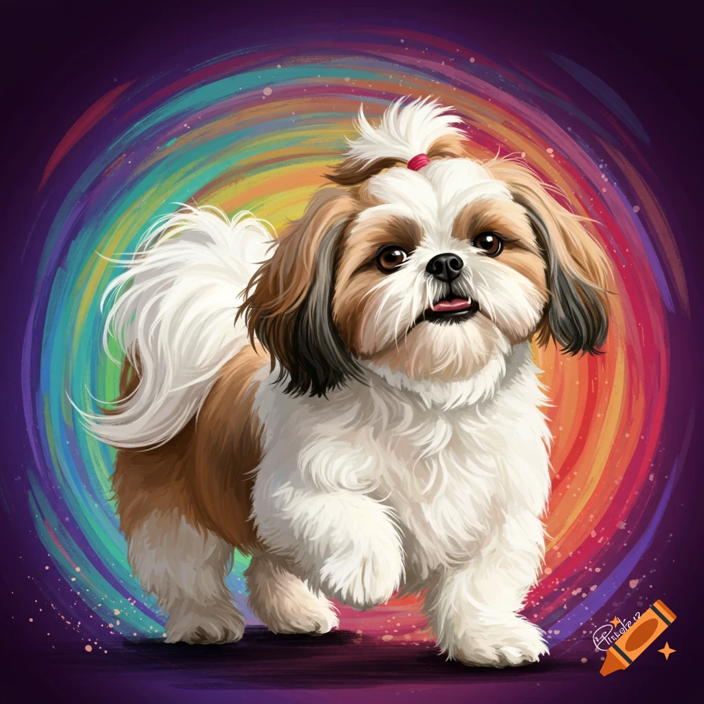 A Shih Tzu dog standing in front of a swirling rainbow background.