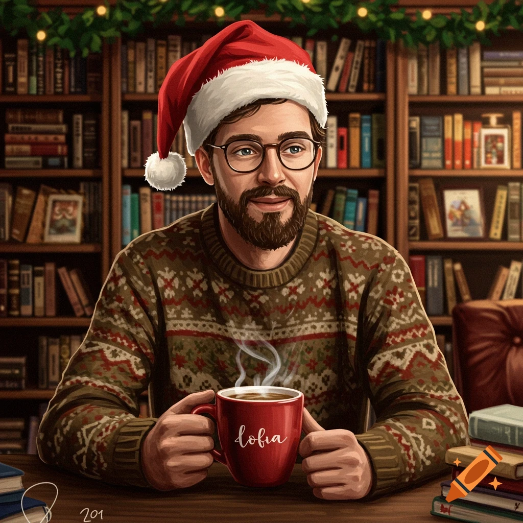 A man in a Christmas sweater and Santa hat holds a coffee mug in a bookstore.