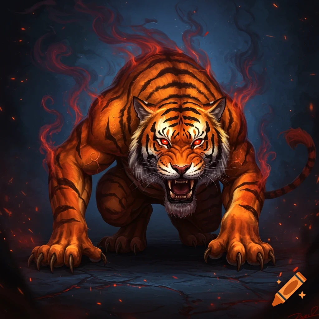 A fierce tiger-like creature with red eyes and smoke rising from its body.