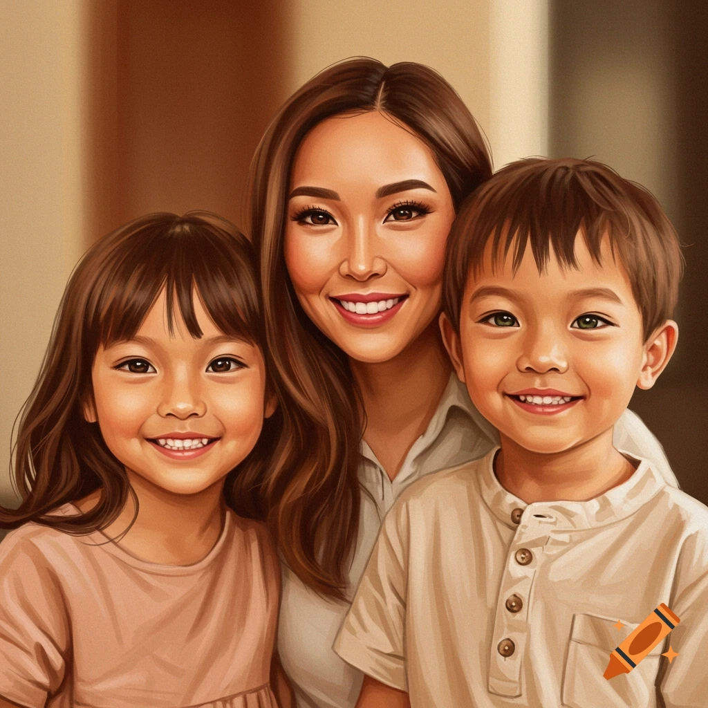 A mother and her two children smiling brightly.