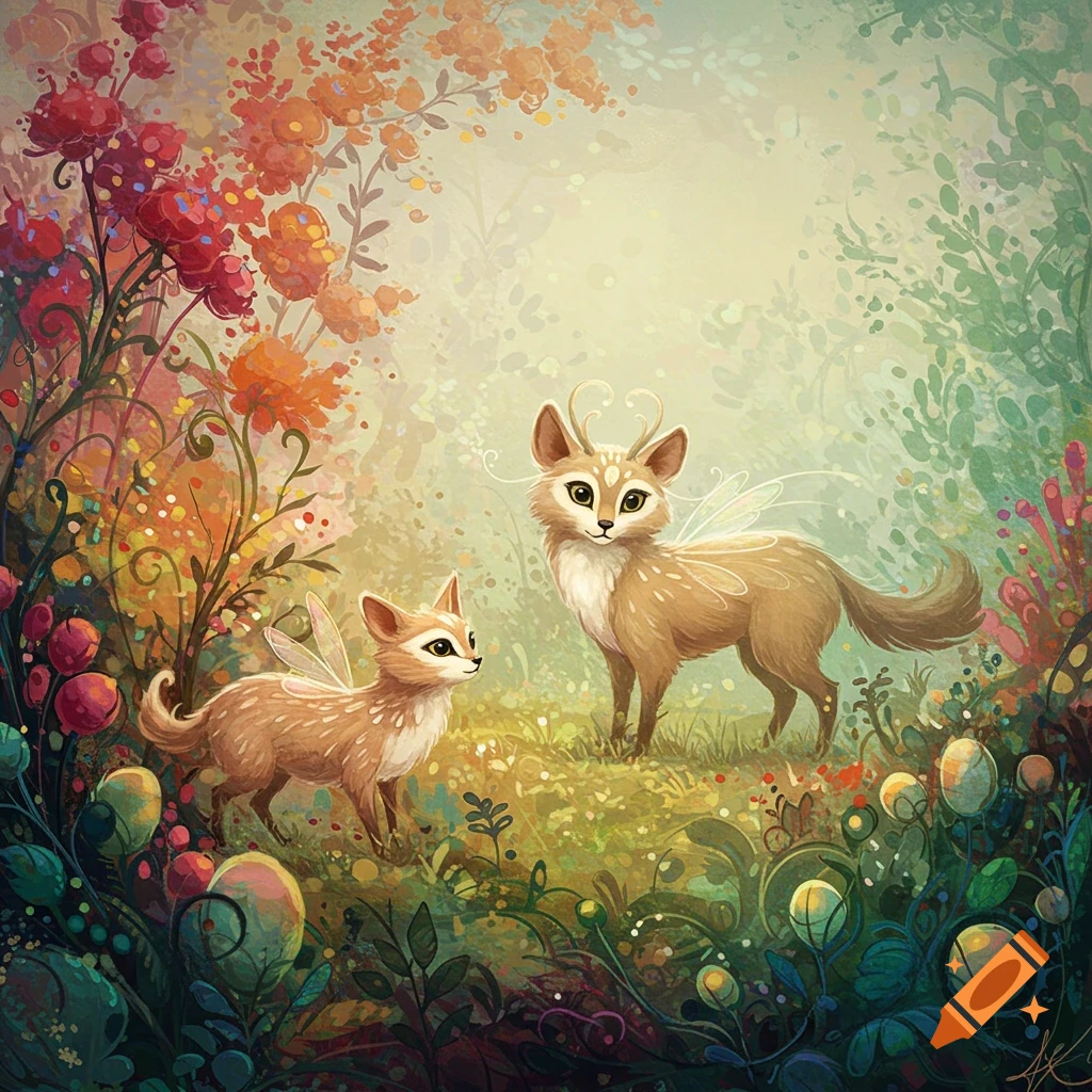 Two small fantasy creatures with wings stand in a vibrant, abstract forest painting.