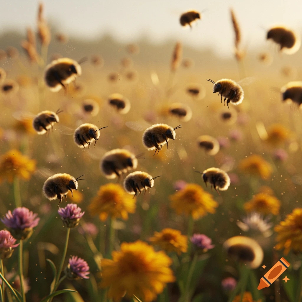 Fluffy bees flying near yellow and purple flowers in a sunny field.