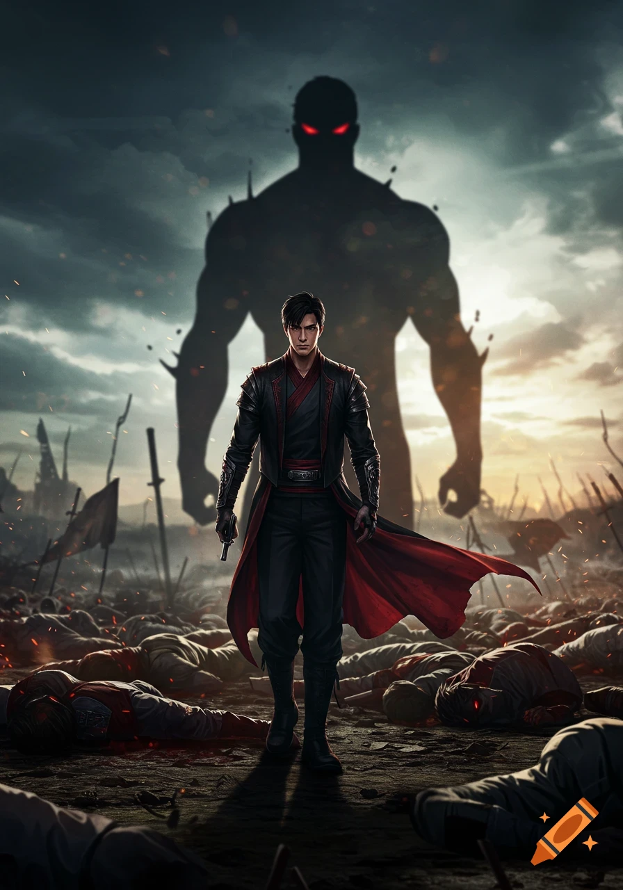 A man in a black and red outfit stands among fallen bodies on a battlefield, a giant shadowed figure with red eyes looming behind him.