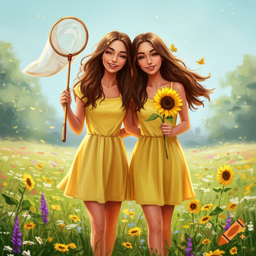 Two young women in yellow dresses in a meadow, one holding a butterfly net, the other a sunflower.