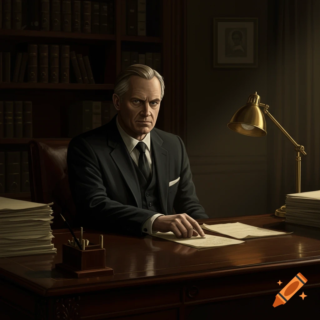 A man in a suit sitting at a desk with papers.