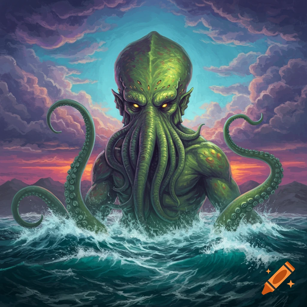 Cthulhu rising from the ocean under a dramatic sky.