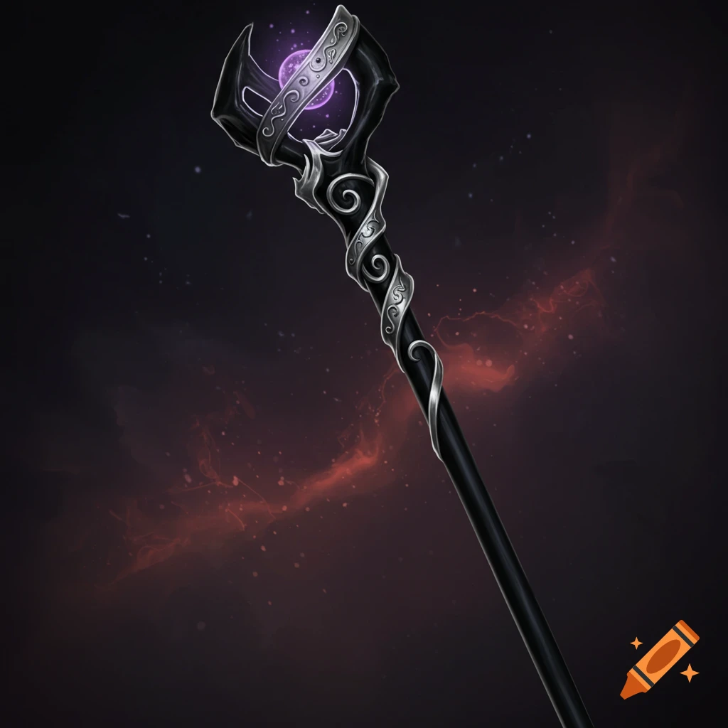 A black and silver fantasy staff with a glowing purple orb.
