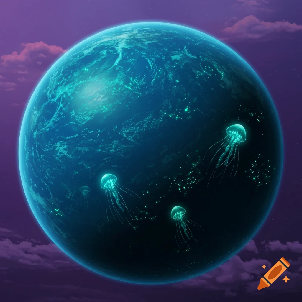 A large blue-green planet with glowing jellyfish creatures floating around it in space.