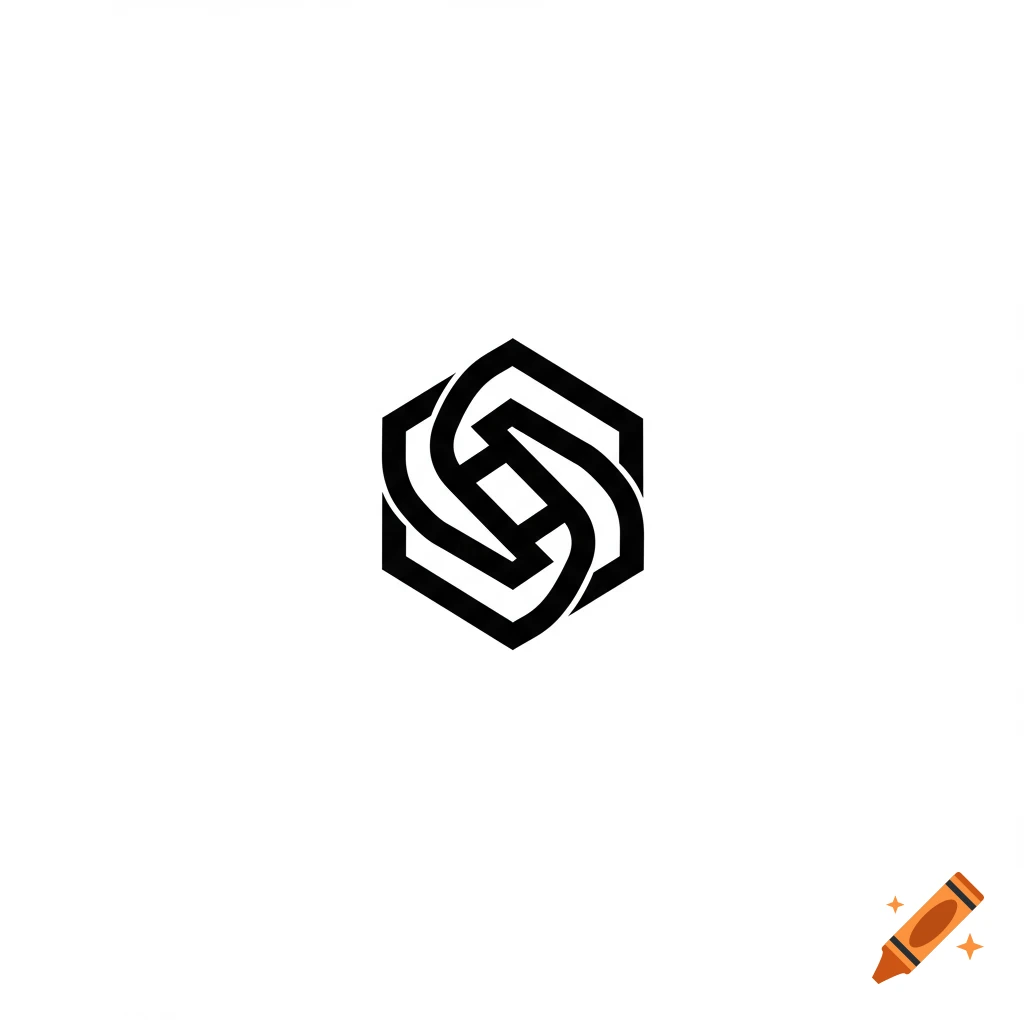 Black and white geometric symbol within a hexagon shape.