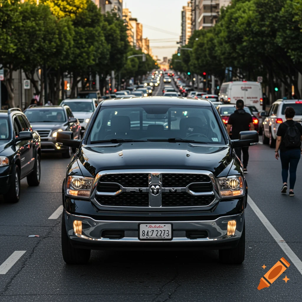 A black RAM 1500 pickup truck is stuck in heavy traffic on a city street during sunset.