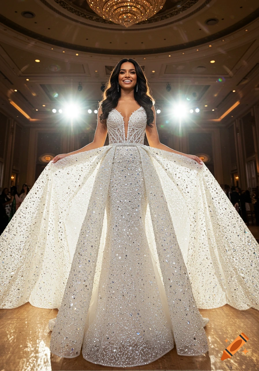Woman in sparkling white gown with long train on stage under lights and chandelier