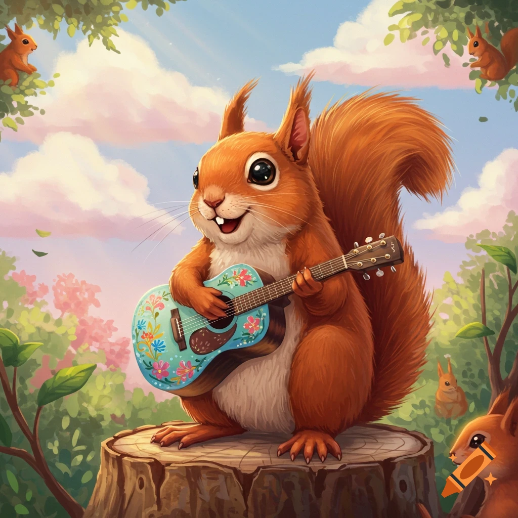 A cute cartoon squirrel sits on a tree stump playing a guitar in a forest.